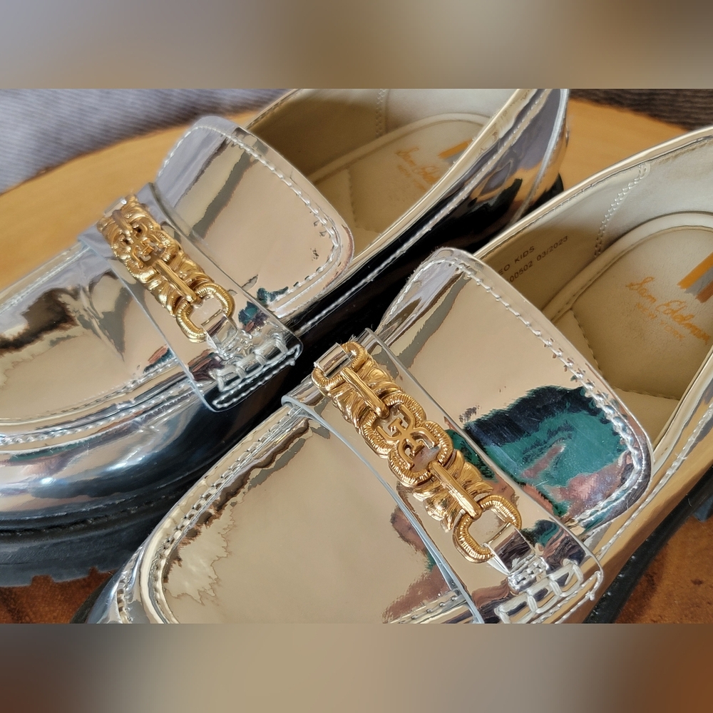 Sam Edelman Kids Sz 2 Teo Platform Metallic Silver Loafers with Gold Chain - Picture 12 of 16
